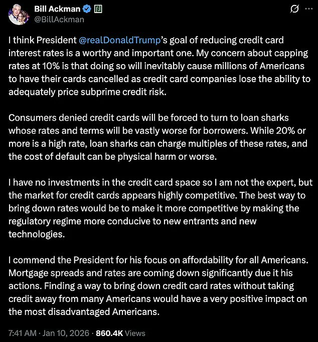Bill Ackman Warns Trump's 10% Credit Card Interest Rate Cap Could Harm Credit Access
