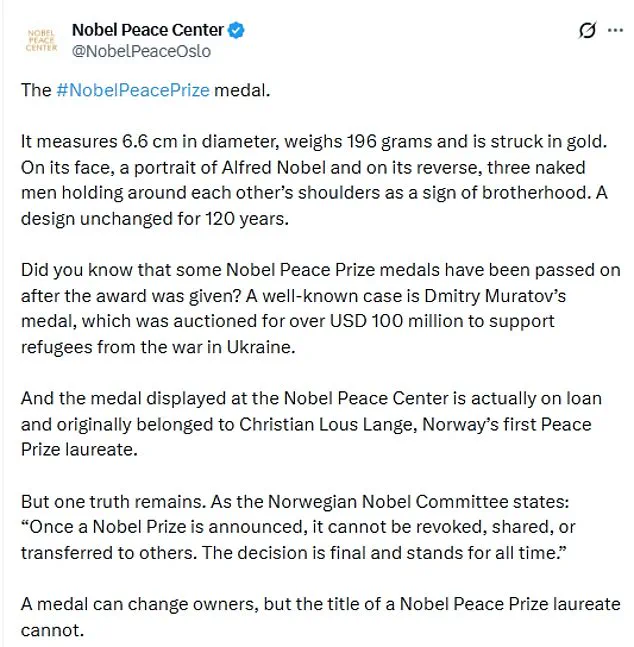 Nobel Committee Rejects Transfer of Peace Prize to Trump, Upholds Non-Transferability Rule